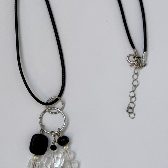 Necklace handmade 3 tier dangle silvertone hamsa clear black glass/beads OOAK - Picture 5 of 9